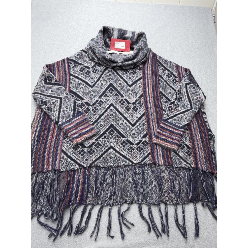 Free People Be The One Poncho Sweater Womens L Blue Cowl Neck Fringe OB454203 - Picture 7 of 16